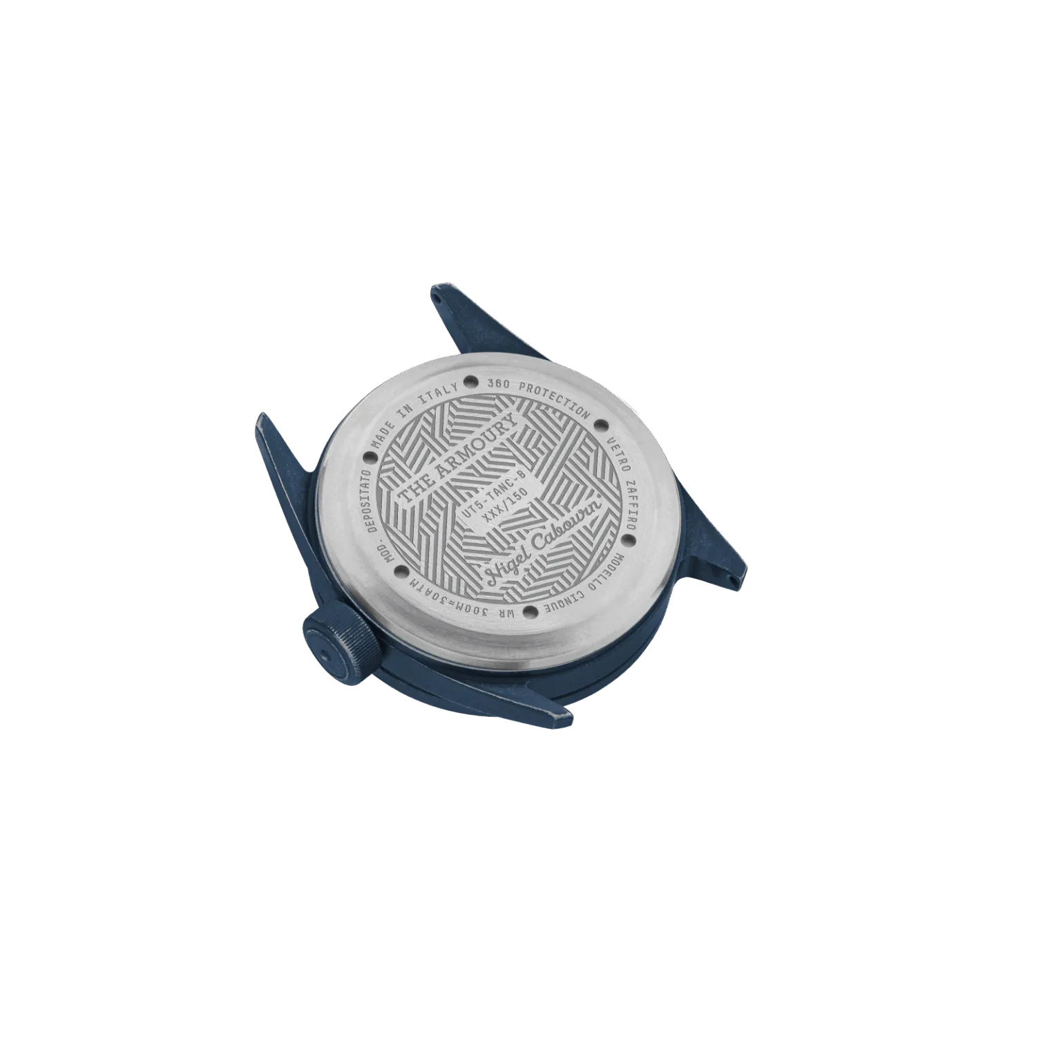 Blue watch caseback with detailed engravings: 