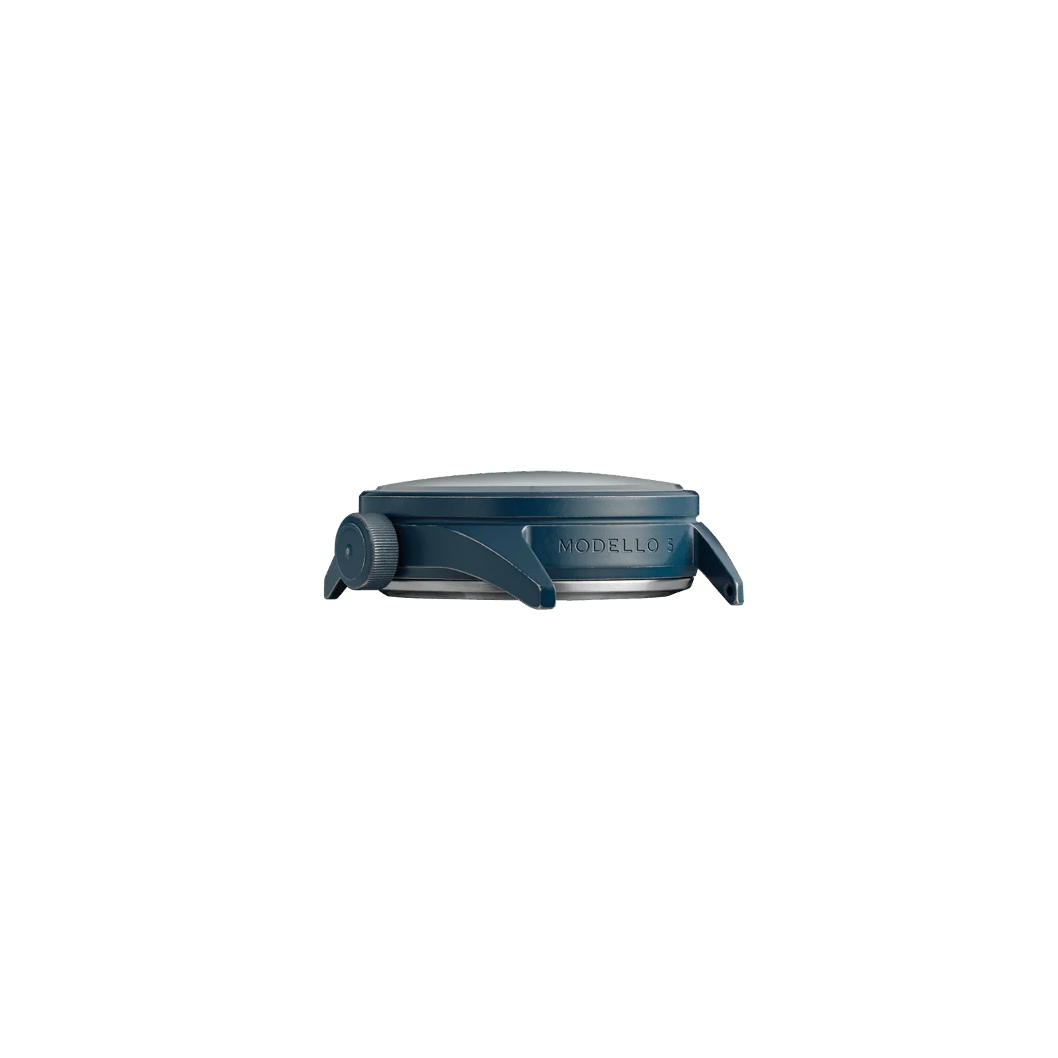 Deep blue watch case in profile, showing textured crown and 'MODELLO 3' engraved on the side.