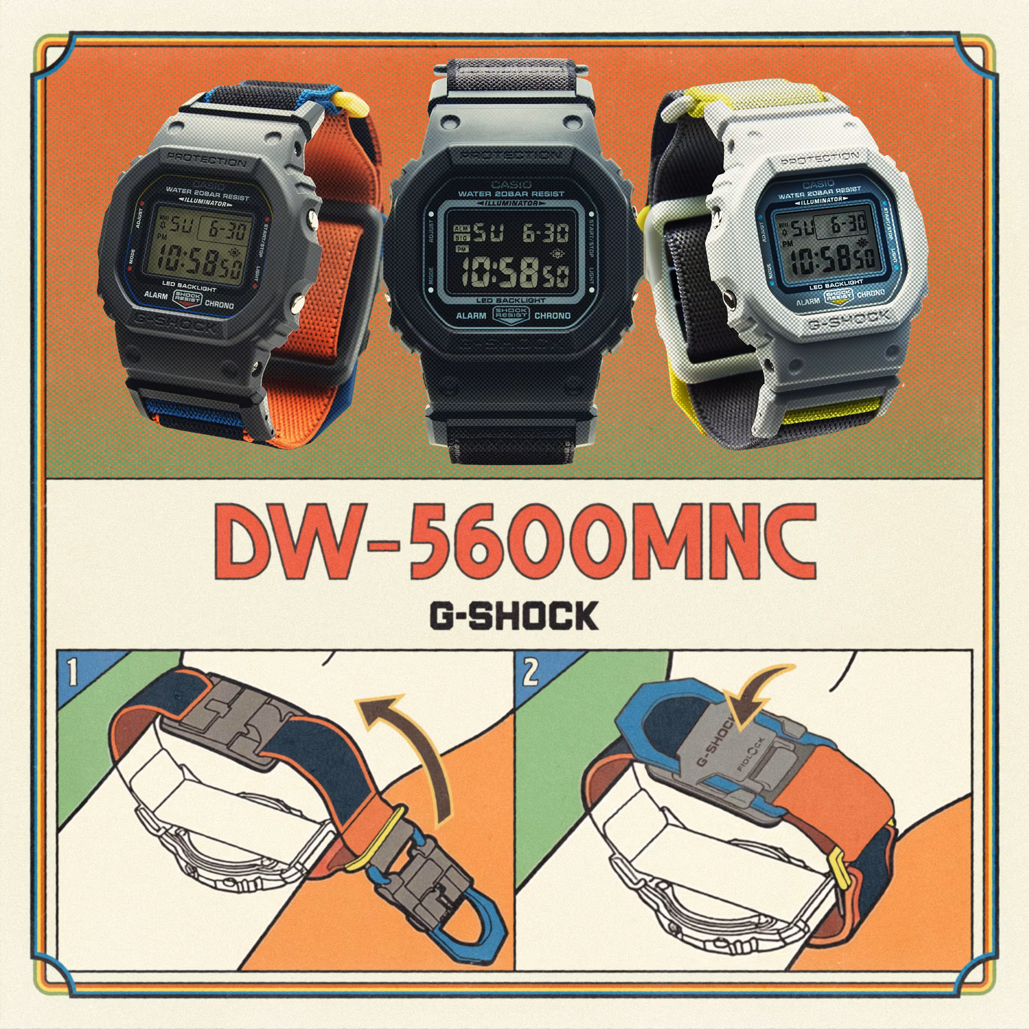 Retro ad: three G-Shock DW-5600MNC watches with various fabric straps. Diagrams show the magnetic clasp.