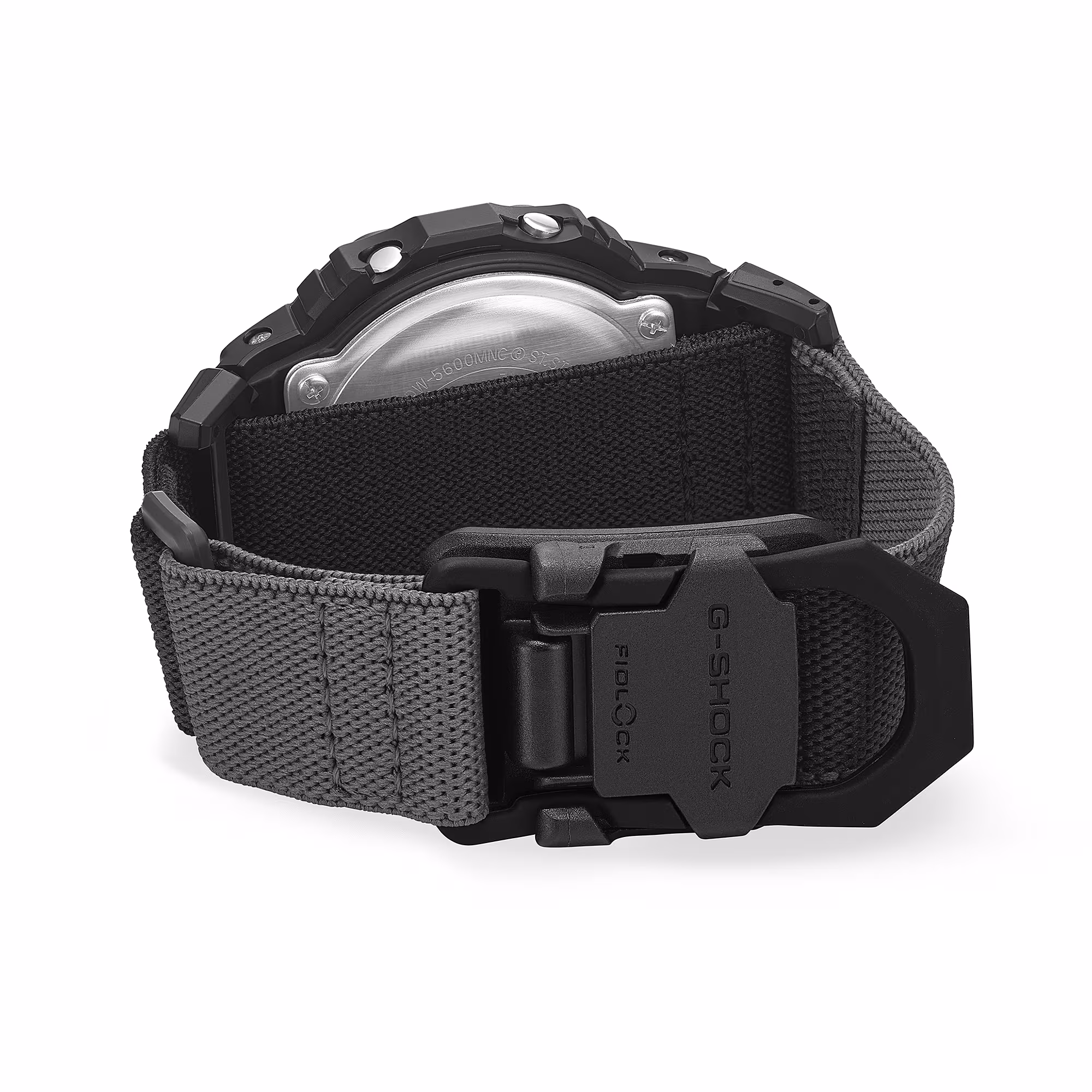 Black G-Shock GW-5600M watch back, gray woven strap, black Fidlock buckle with G-SHOCK text.
