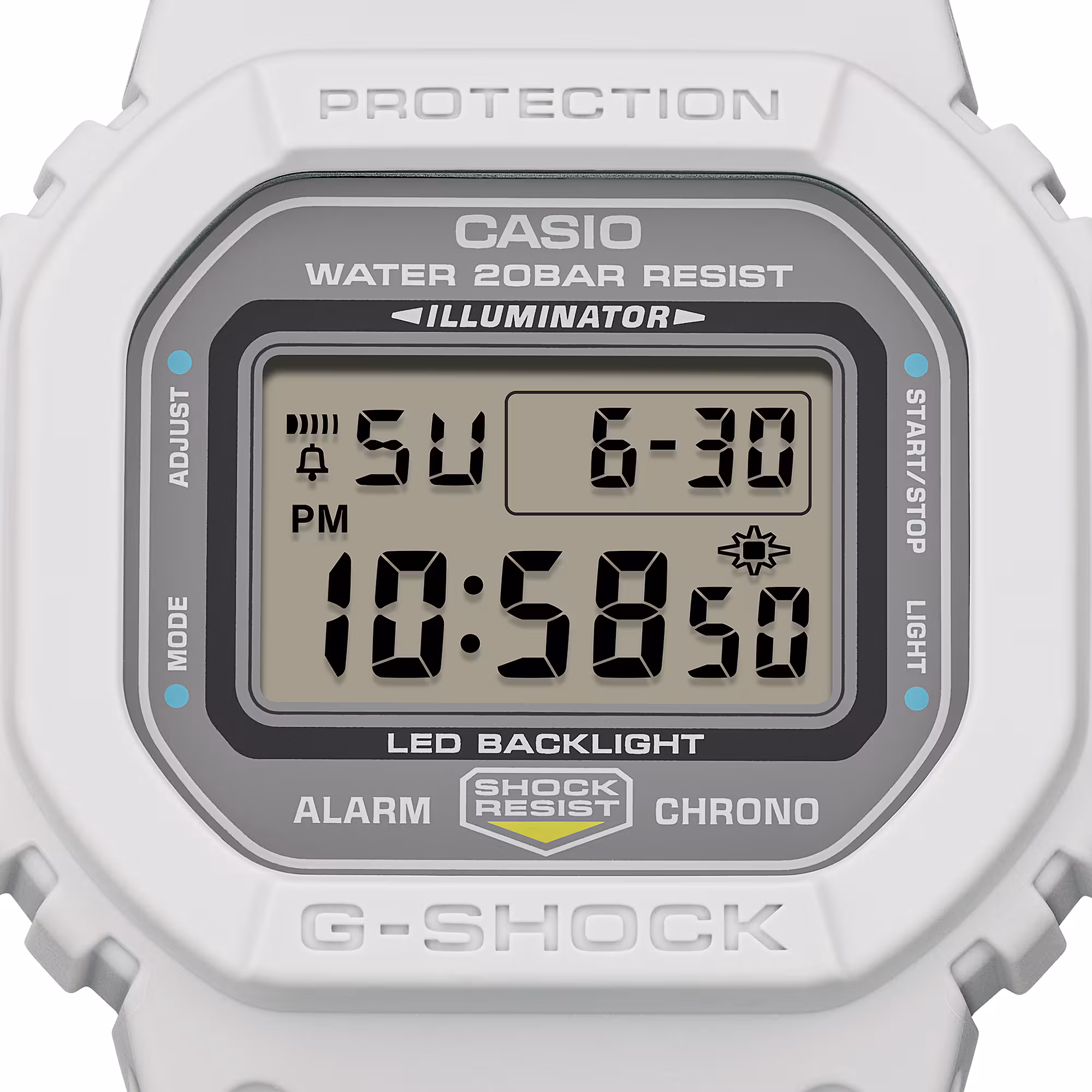 Close-up of a white Casio G-Shock digital watch. Display shows 10:58:50 PM and SU 6-30.