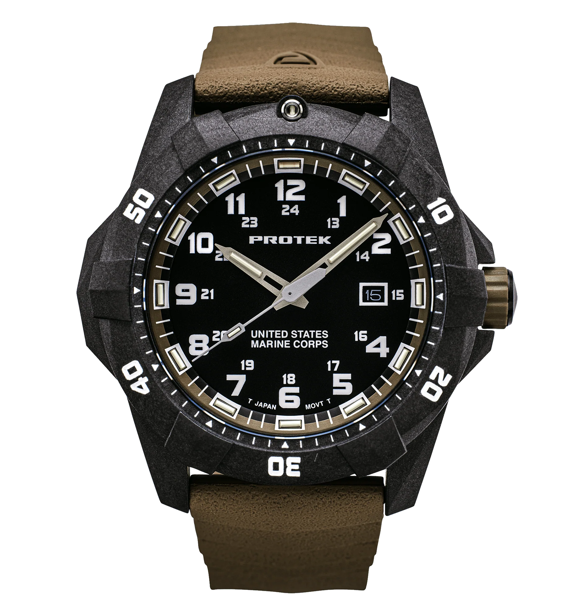 Black Protek tactical watch with brown strap, black dial, white numerals, date '15', and Marine Corps text.