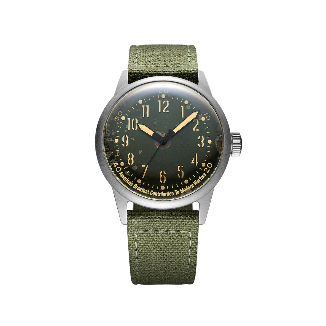 Military-style watch with aged green dial, gold numerals & hands,