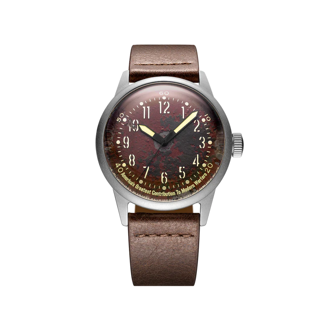 Rugged military watch with a rusted red dial, 'America's Greatest' text, luminous hands, silver case, brown leather strap.