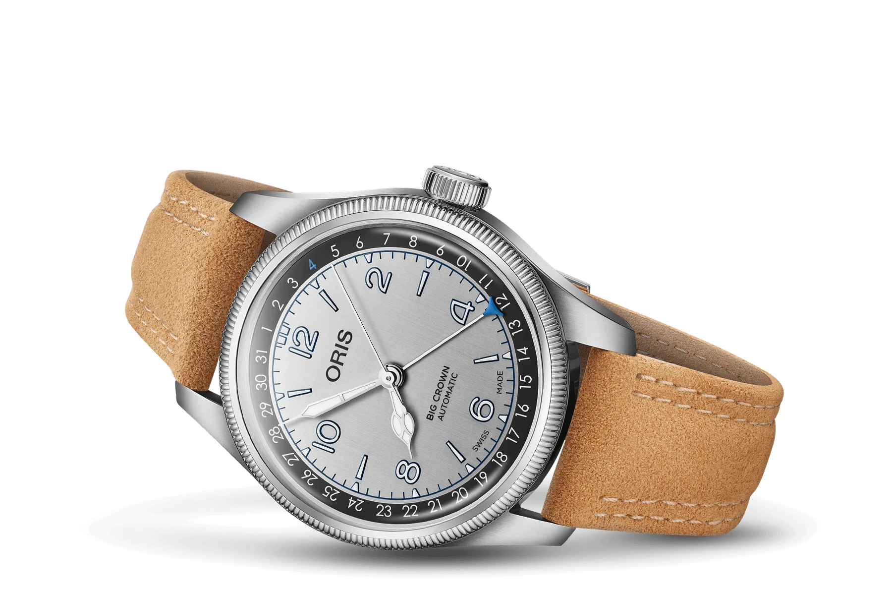 Oris Big Crown Automatic watch: silver dial, tan suede strap, fluted bezel, tilted on black.