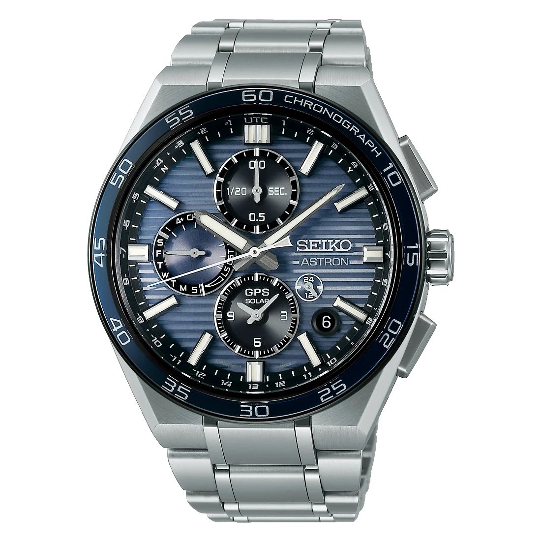 Seiko Astron GPS Solar chronograph watch. Blue striped dial, stainless steel case, bracelet, dark blue bezel.