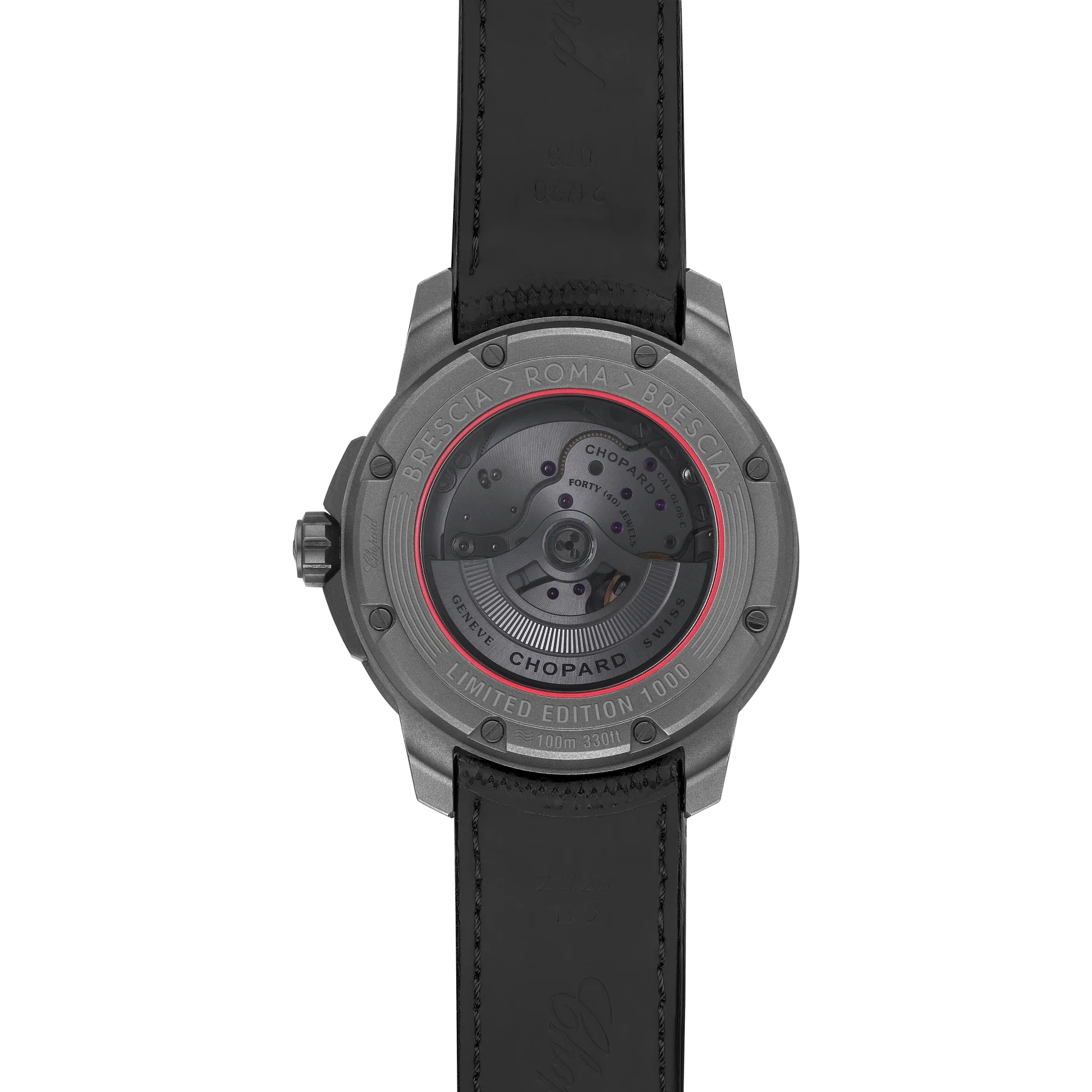 Close-up back of a grey Chopard watch with black strap. Exposed automatic movement, red ring, engraved "Brescia Roma Brescia".