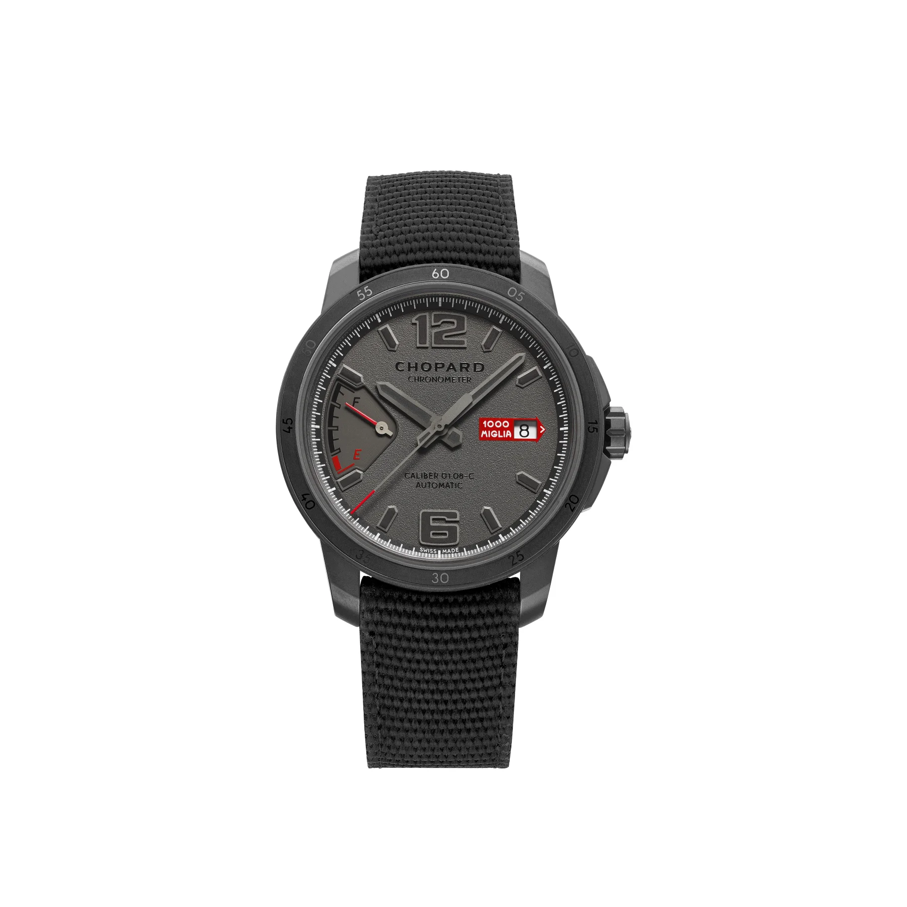 Chopard Mille Miglia watch: anthracite case, grey dial with "12", "6", power reserve, 1000 Miglia date, & black textile strap.