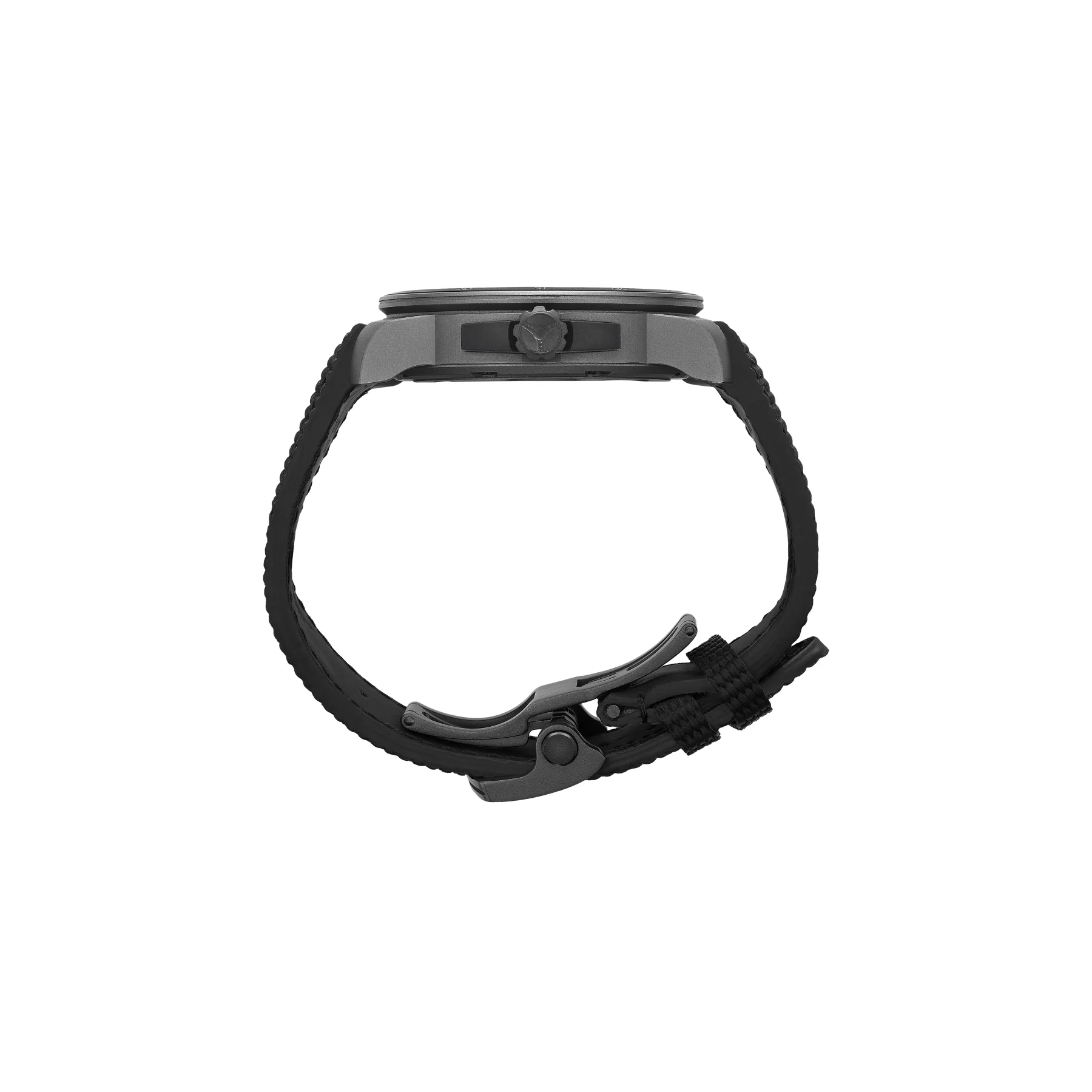 Side view of a matte dark grey luxury watch with black textured strap and deployment clasp on white.