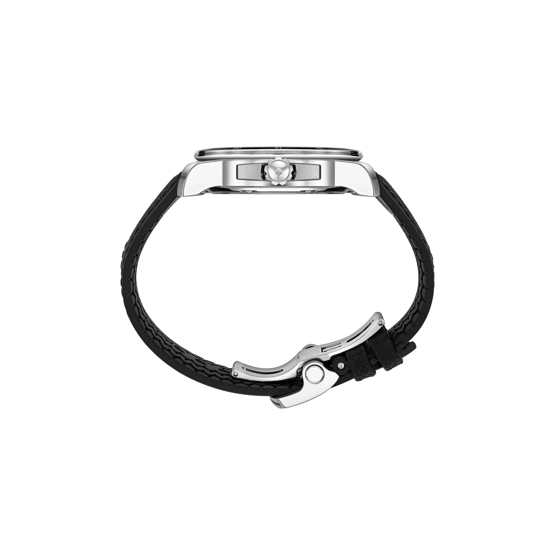 Side view of luxury watch: polished silver case, 3-point star crown, black tire-tread rubber strap, steel clasp.