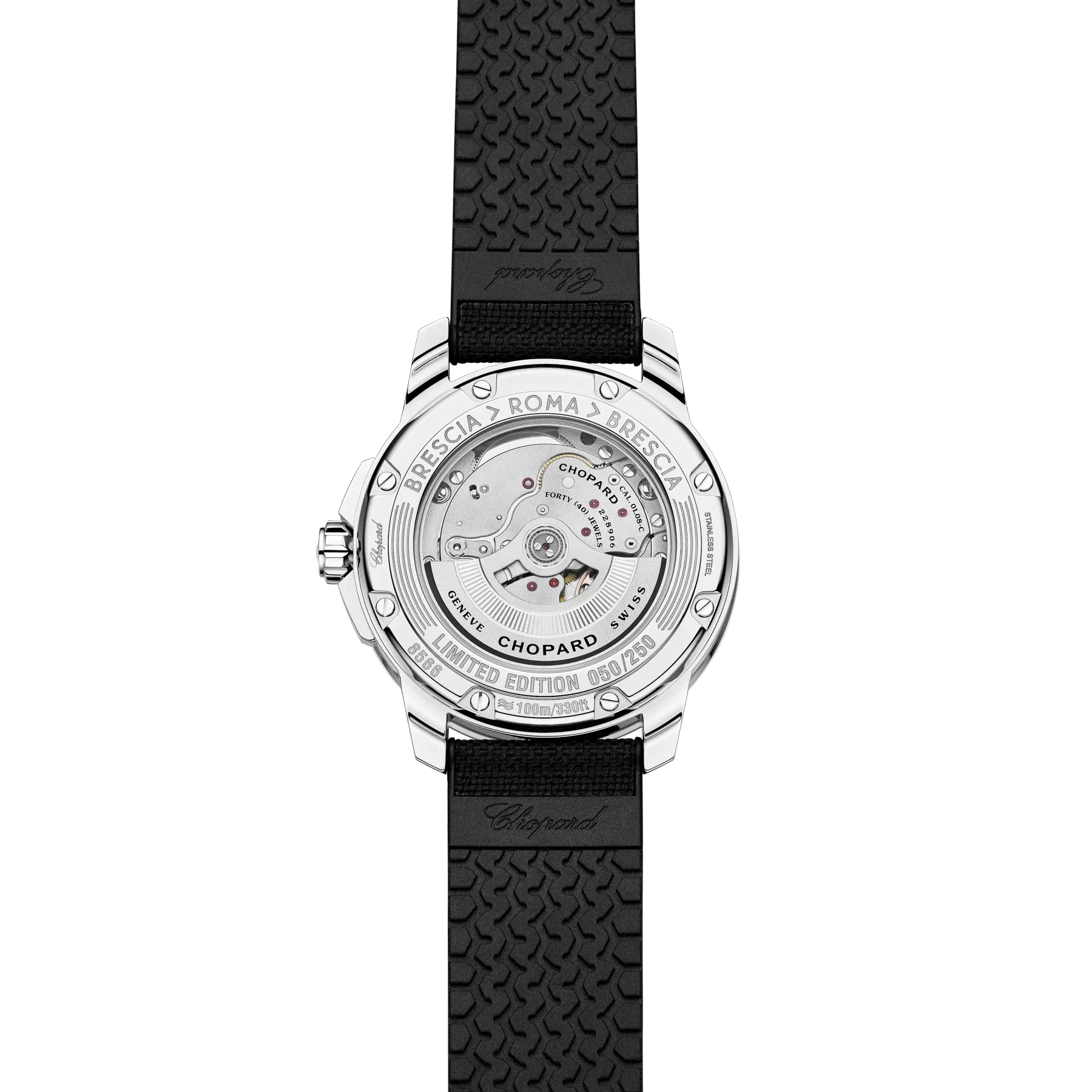 Chopard Mille Miglia watch back, visible movement, steel case, black rubber strap. Engraved 