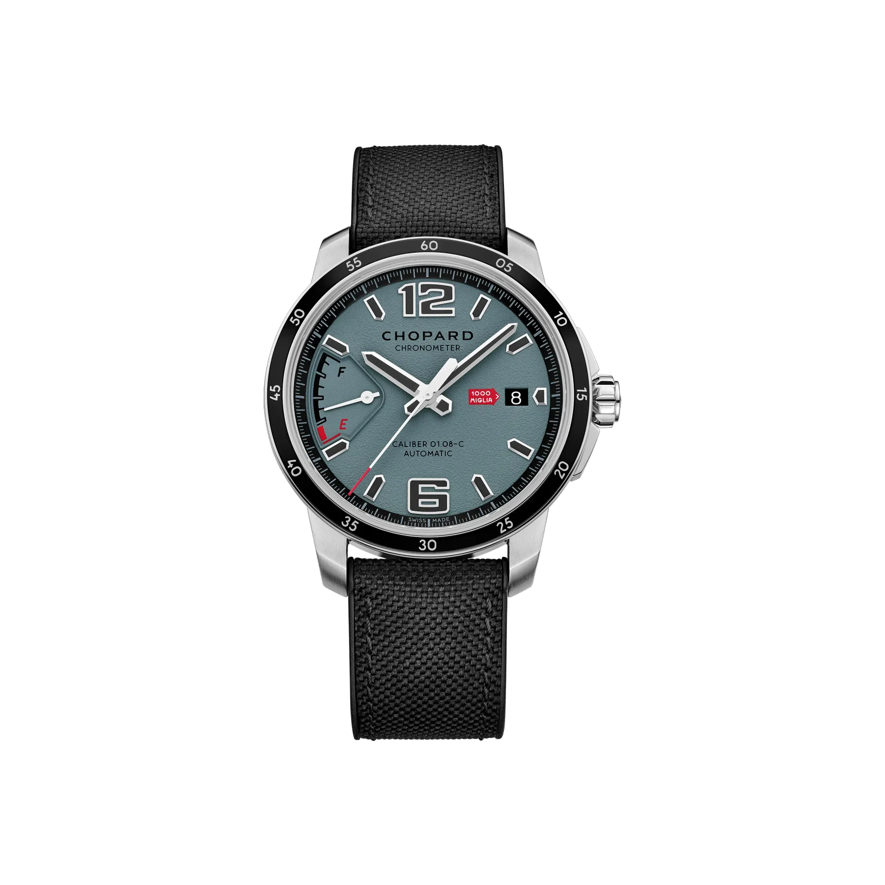 Chopard Mille Miglia watch, steel case, blue-grey dial, black bezel, date at 3, power reserve, black textile strap.