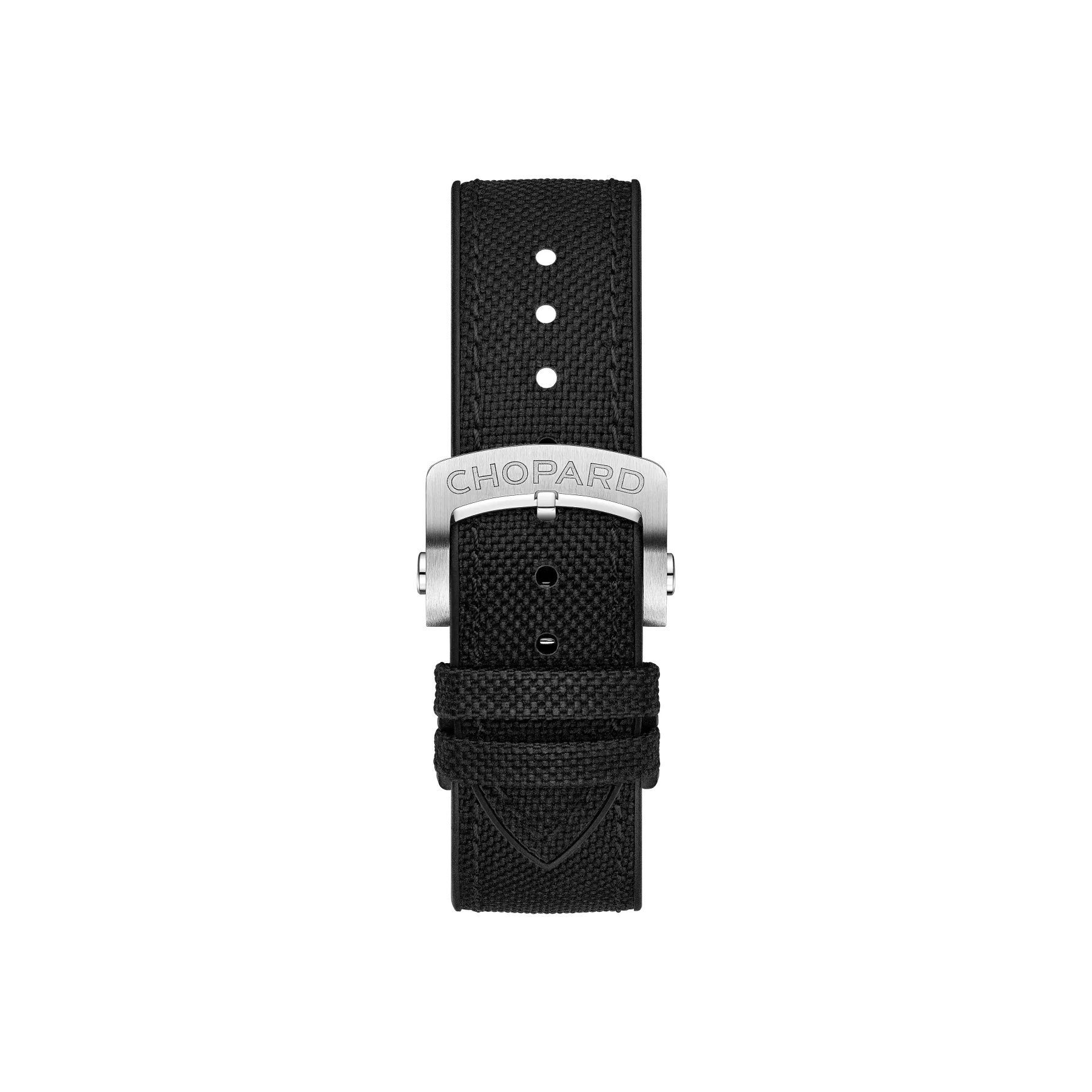 Black woven textile watch strap with polished silver Chopard pin buckle and two keepers on white.