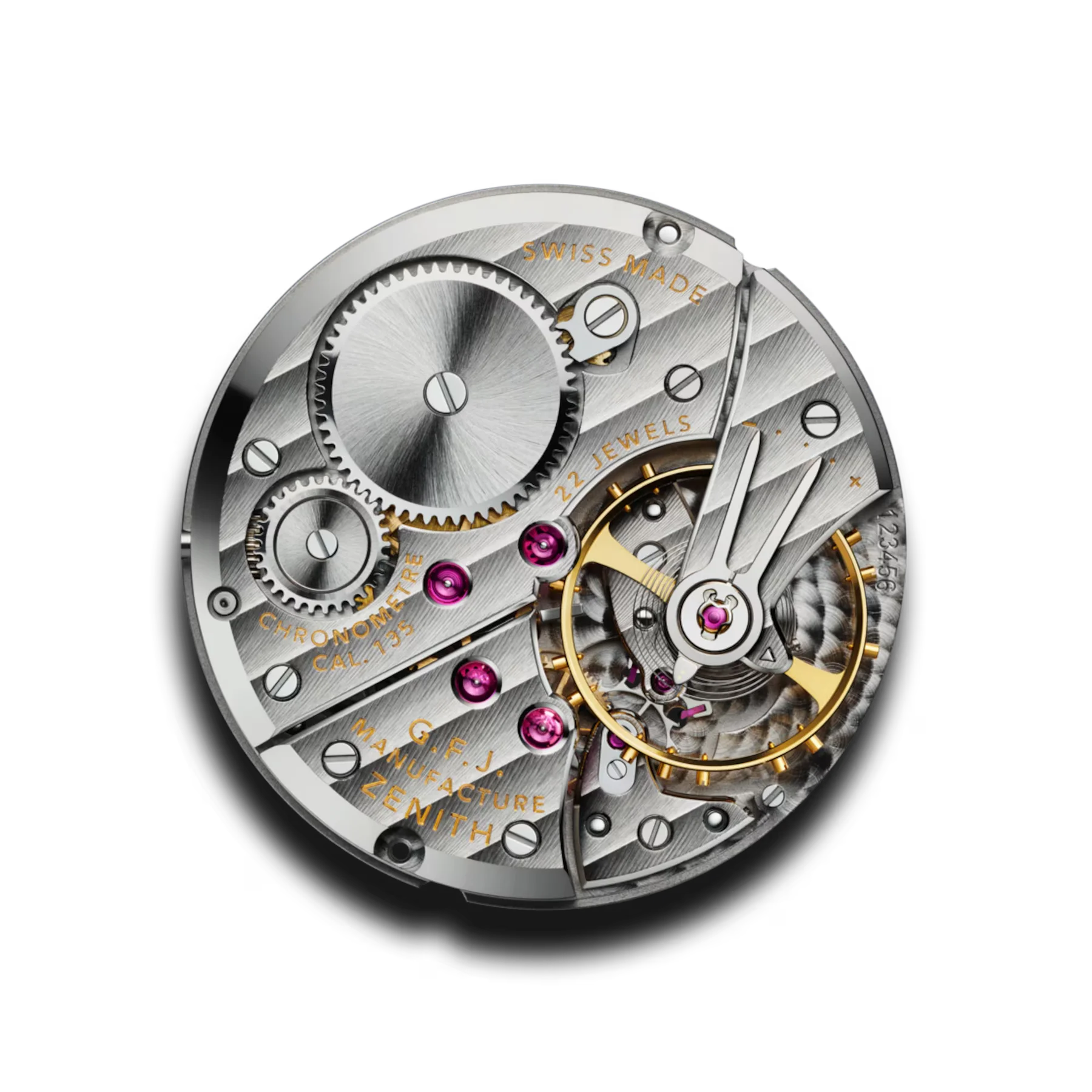 Zenith Swiss Made watch movement close-up: silver bridges, gears, ruby jewels, golden balance wheel on black.