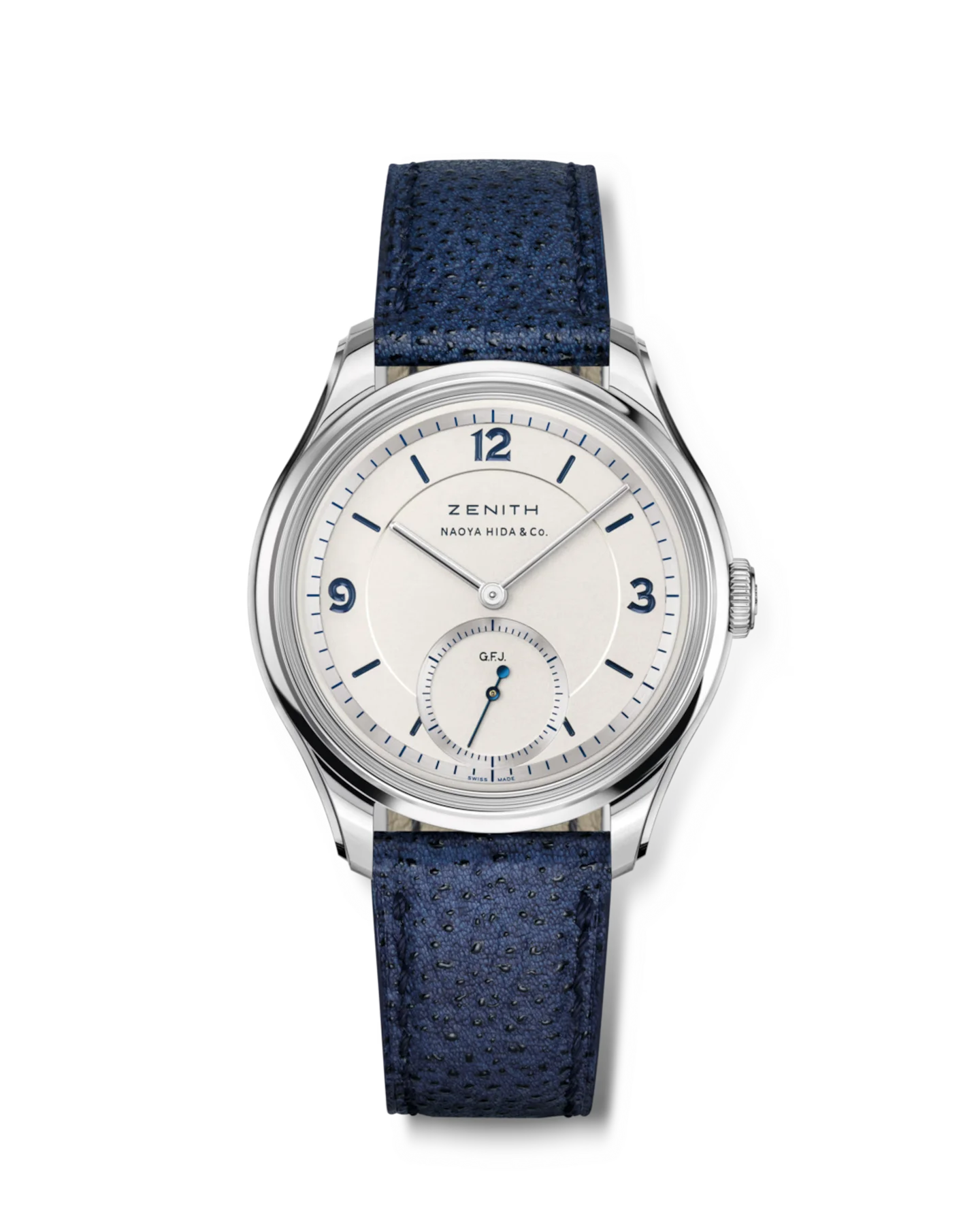 Zenith Naoya Hida & Co. watch, silver case, off-white dial with blued hands, small seconds, blue perforated strap.