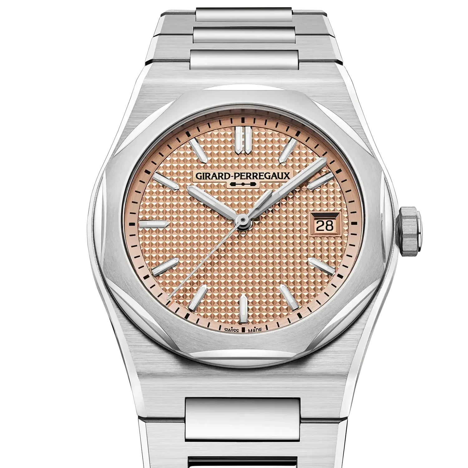 Girard-Perregaux watch: silver octagonal case, integrated steel bracelet, salmon geometric dial, date 28.