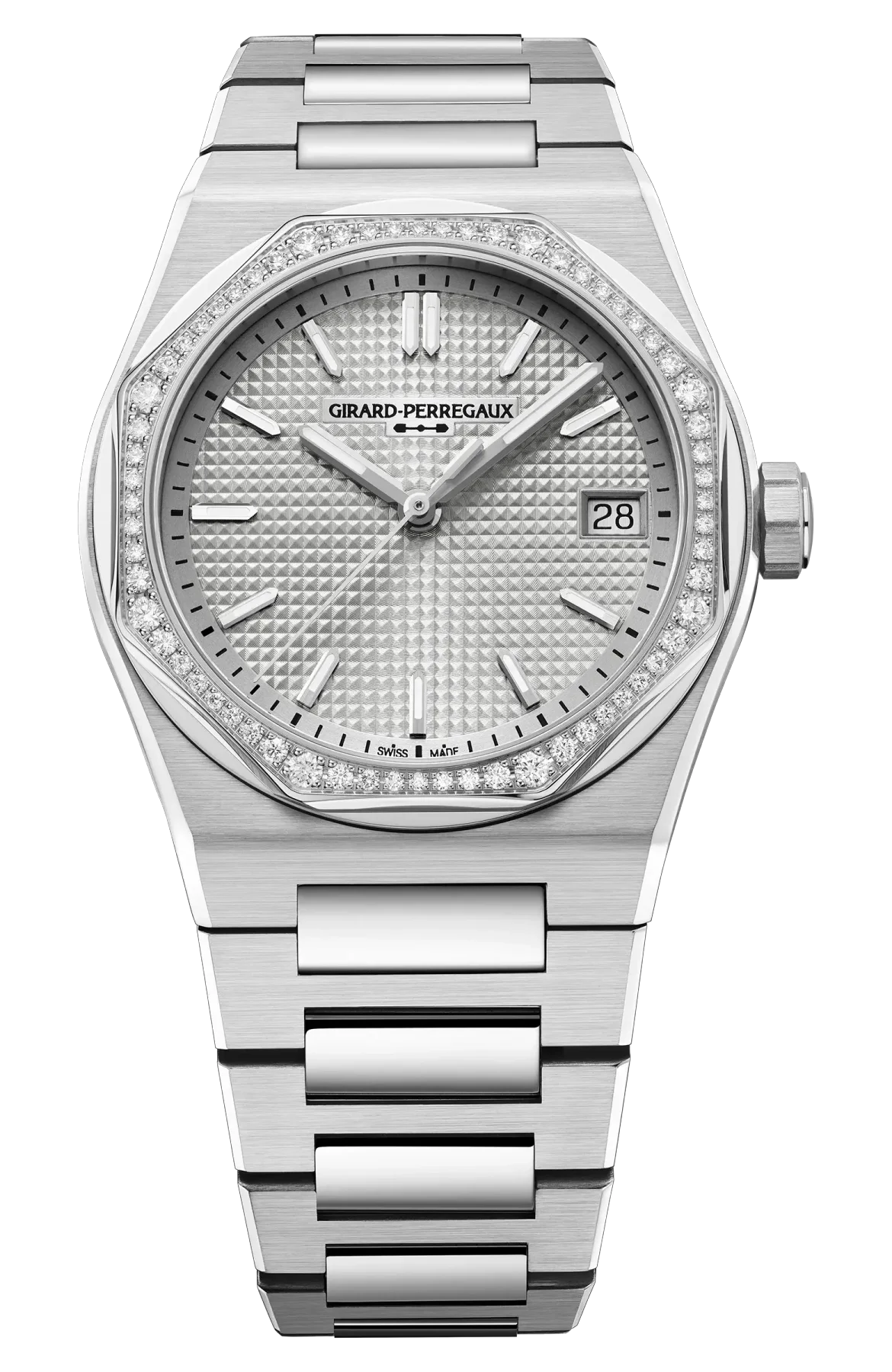 Girard-Perregaux stainless steel watch with octagonal diamond-set bezel, textured silver dial, date, and integrated bracelet.