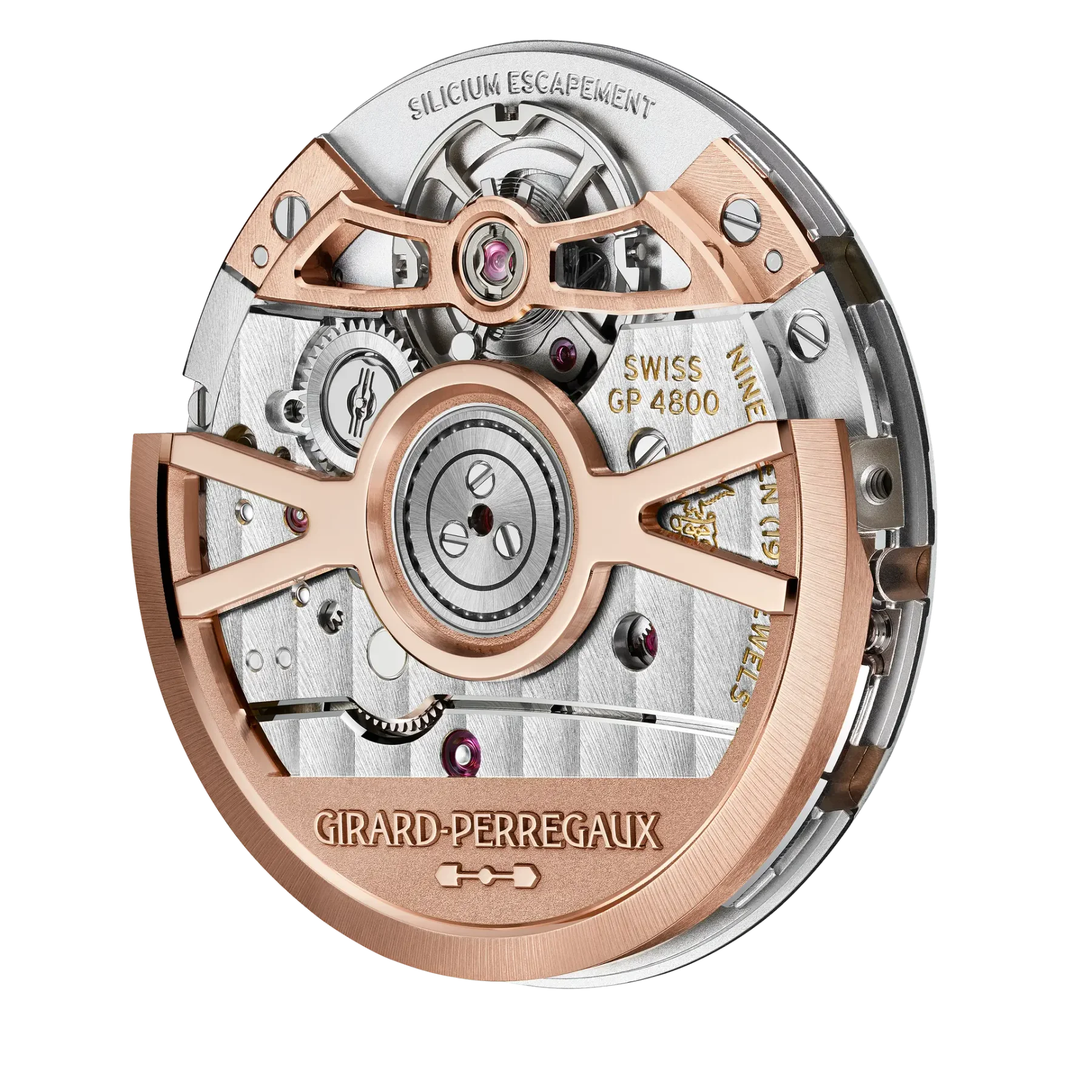 Rose gold and silver Girard-Perregaux GP 4800 watch movement with silicium escapement, rubies, and gears.