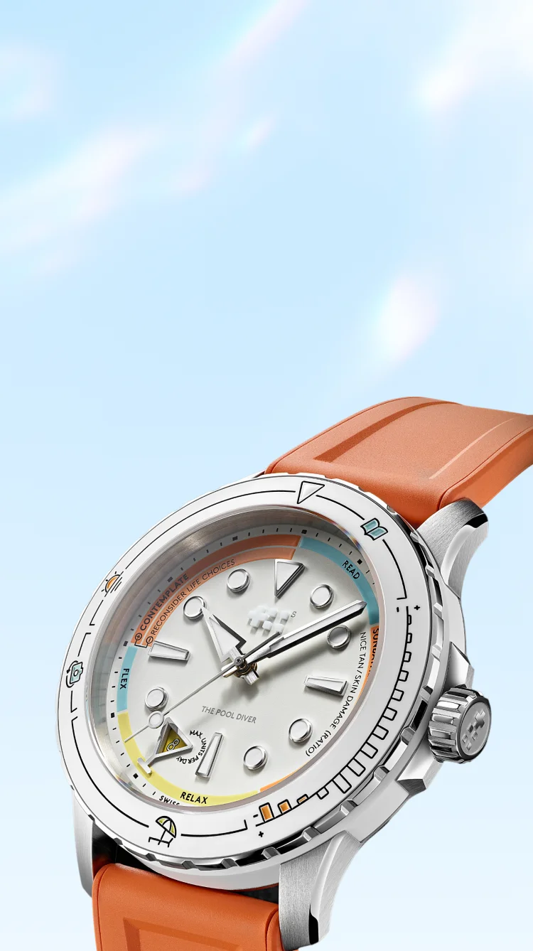 Silver C60 Pool Diver watch, orange strap, white dial with colorful, playful text and icons. Light blue sky.
