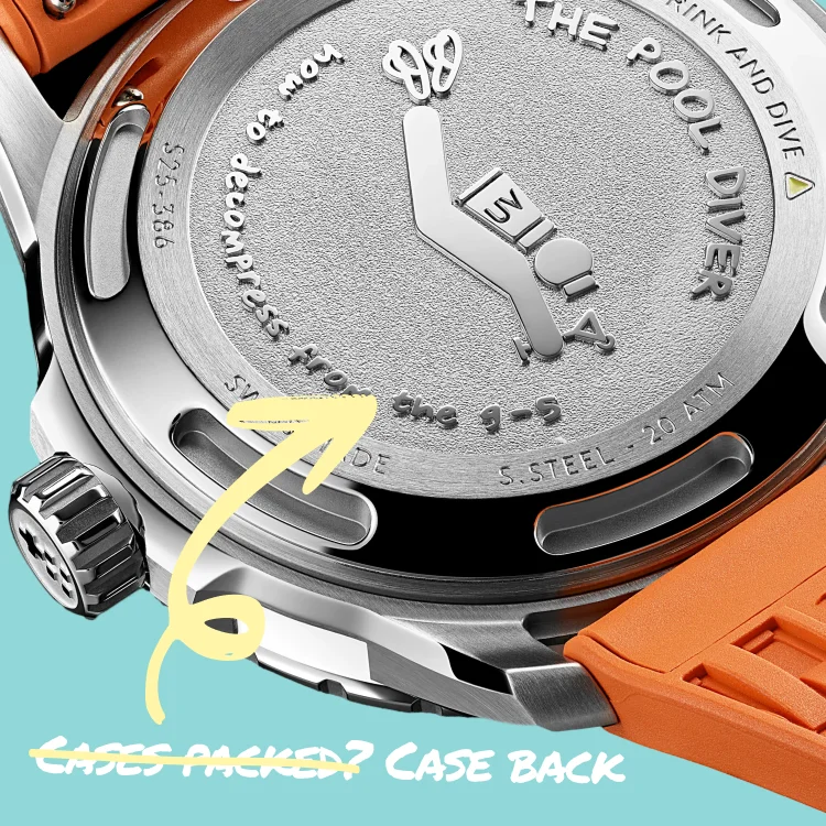 Christopher Ward C60 watch steel case back with "THE POOL DIVER" engraving, diver icon, and orange rubber strap.