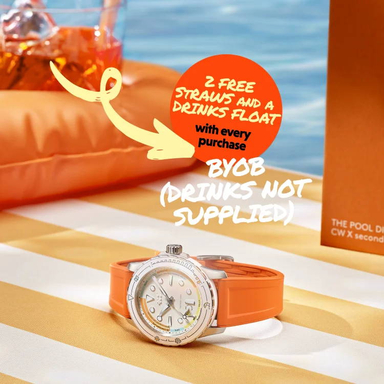 Christopher Ward C60 Pool Diver watch with orange strap on a striped surface. Promo for free straws and drink float.