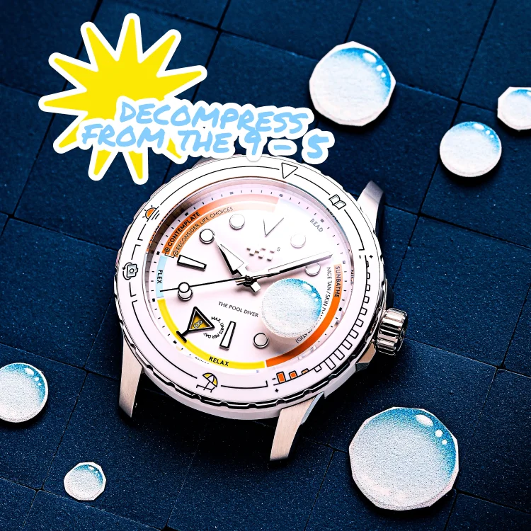 Christopher Ward C60 Pool Diver with playful white dial, cartoon icons, bubble hand. "DECOMPRESS FROM THE 9-5" sticker & bubbles on blue.