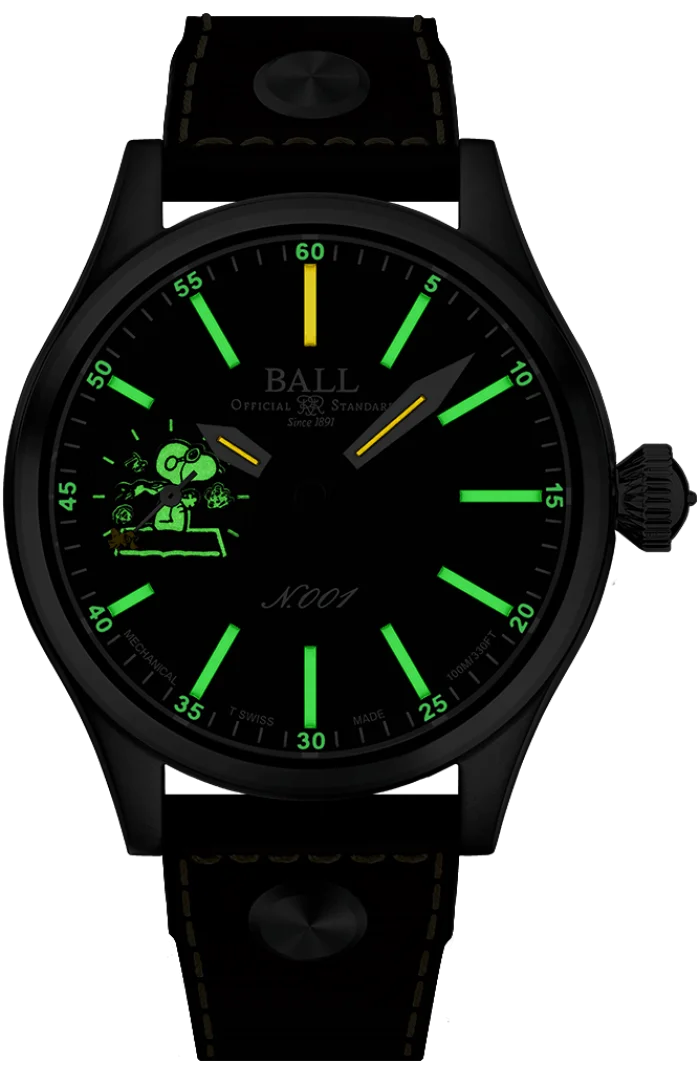 Black Ball Engineer Master II Snoopy Flying Ace watch. Glowing green markers, yellow hands, & Snoopy pilot on black dial.