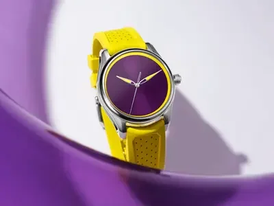 H. Moser & Cie. Pioneer Centre Seconds watch with berry dial, yellow hands, yellow perforated strap, set against purple curves.