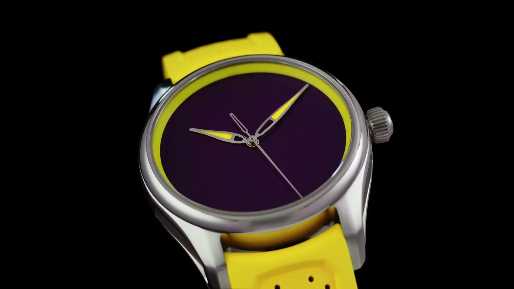 H. Moser & Cie. Pioneer Centre Seconds Sun Berry watch: dark purple dial, bright yellow hands, silver case, yellow rubber strap.