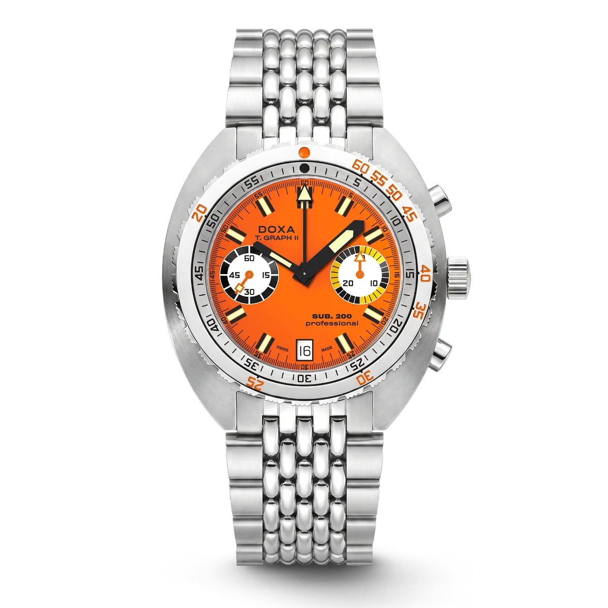 DOXA SUB 200 T.Graph II watch: bright orange dial, contrasting subdials, date, silver case, steel multi-link bracelet.