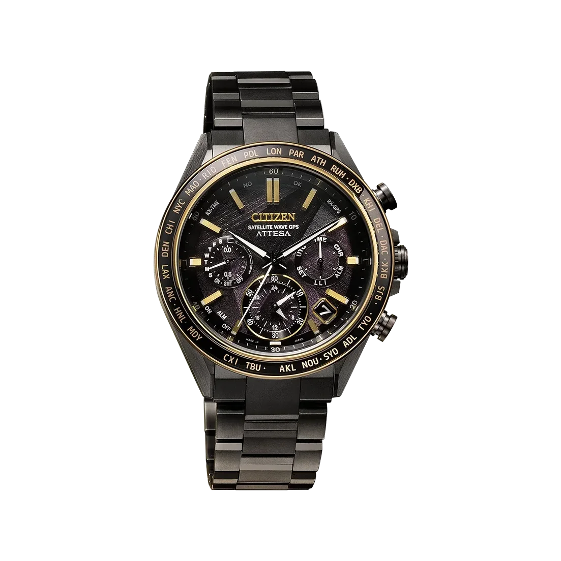 Black and gold Citizen Satellite Wave GPS Attesa watch with textured dial, world time bezel, and metal bracelet on white.