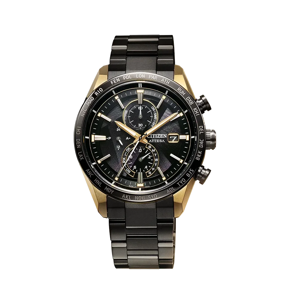 Citizen Attesa watch with black dial, gold hands, gold-tone case, black metal bracelet, chronograph subdials, city bezel.