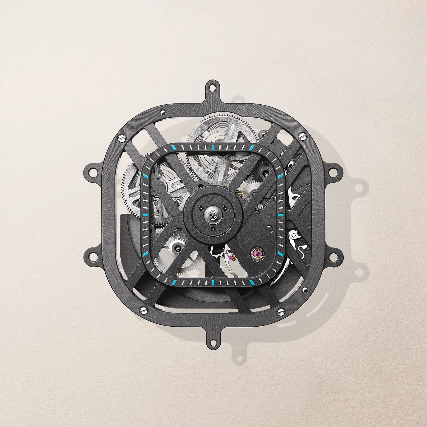 Skeletonized watch movement with dark grey frame, exposed silver gears, blue markers, and ruby jewels on beige.