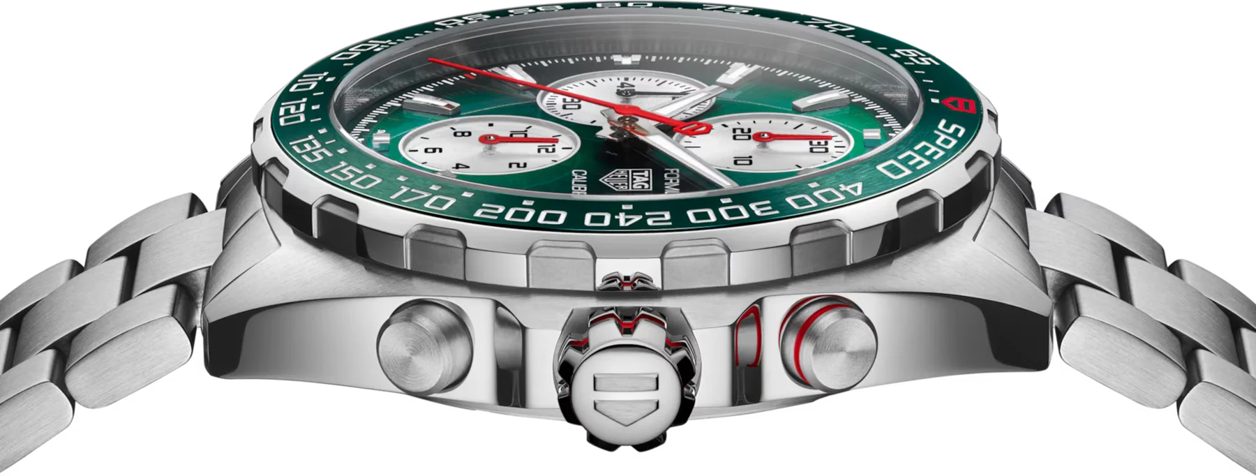 TAG Heuer Formula 1 steel chronograph close-up: green dial, bezel, white subdials, red accents, steel bracelet.