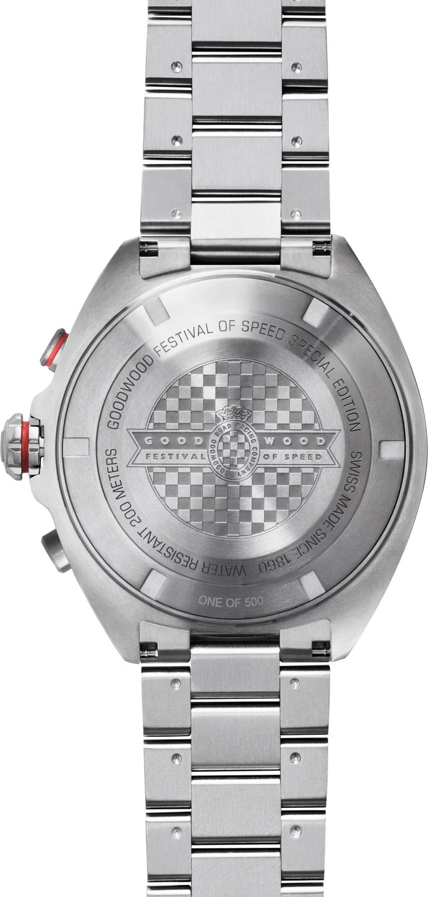 Engraved steel watch case back: Goodwood Festival of Speed logo, checkered pattern, "SPECIAL EDITION", "ONE OF 500". Red accents.