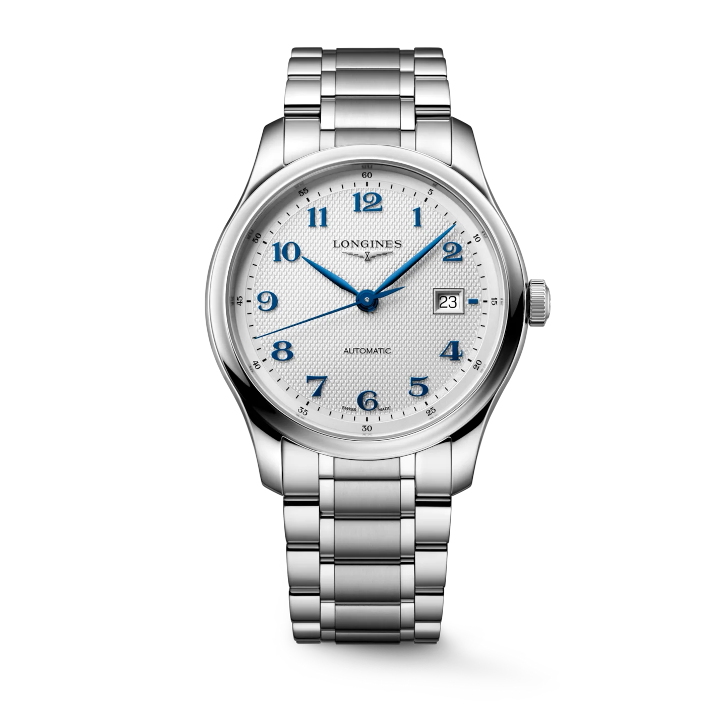 Silver Longines automatic watch on metal bracelet. White textured dial, blue Arabic numerals, blue hands, and date at 3.