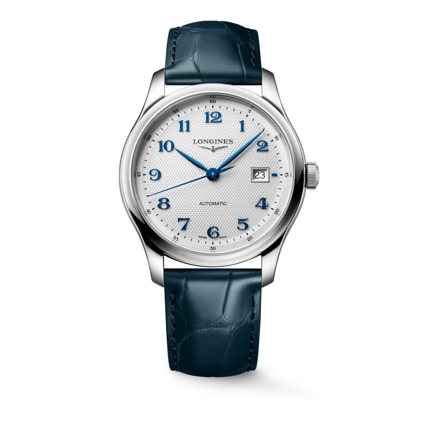 Longines silver watch with textured white dial, blue Arabic numerals, blue hands, date 23, and a blue alligator strap.