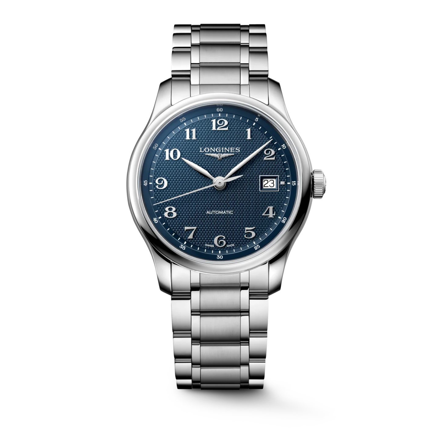 Longines Master Collection automatic watch with blue textured dial, white Arabic numerals, date, and steel bracelet.