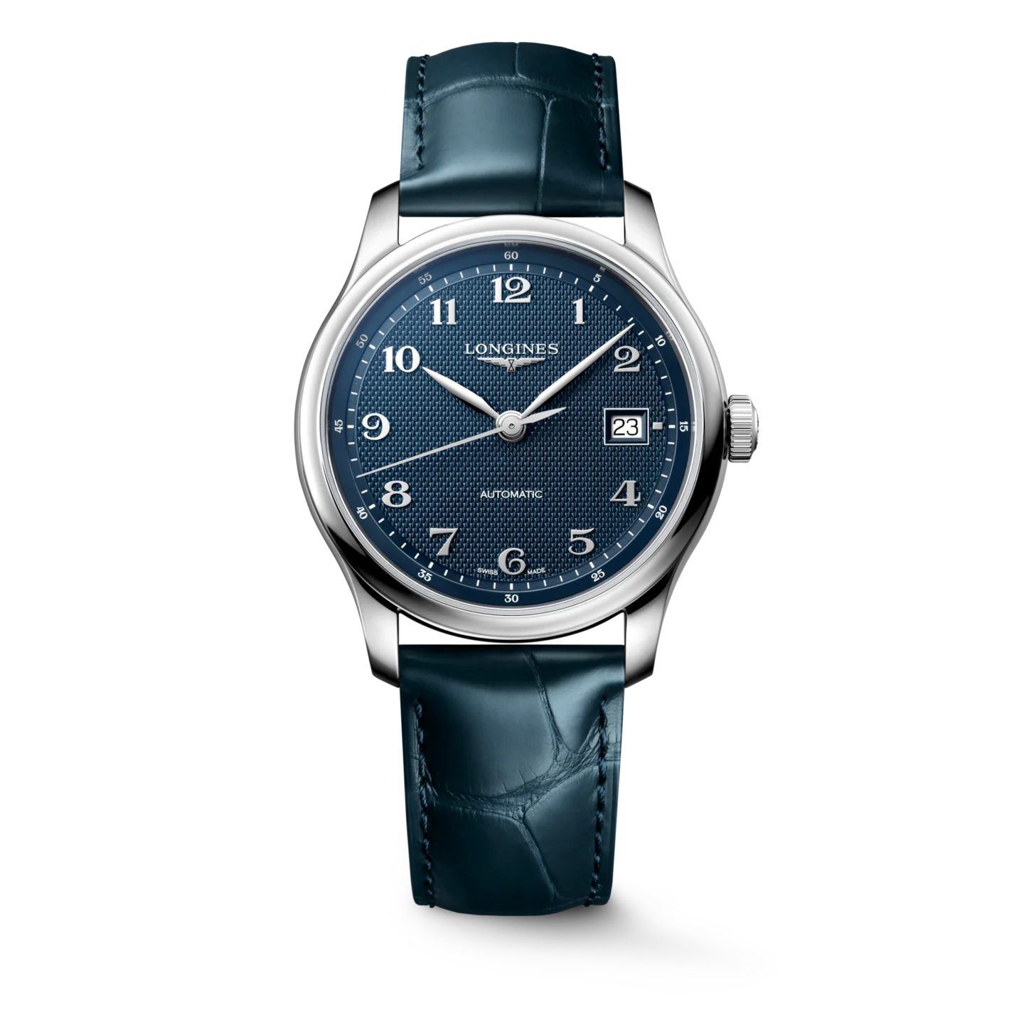 Longines Master Collection watch with blue textured dial, silver-tone case, date 23, and blue crocodile strap.