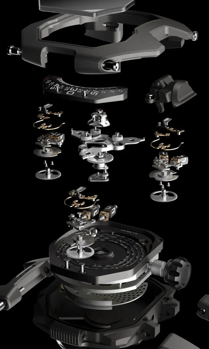 Exploded view of the URWERK UR-120 luxury watch. Intricate gears, case, and crystal float against black.
