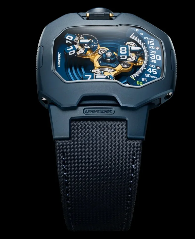 Angular URWERK UR-120 watch: blue case, open dial with gold gears & satellite display, dark strap, black background.