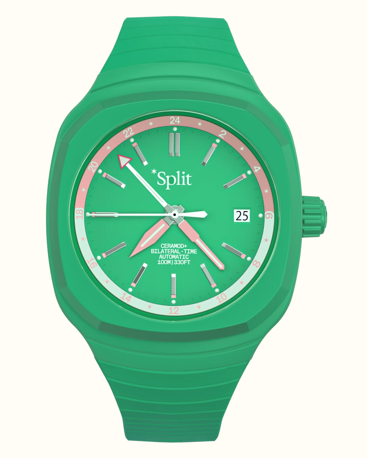 Vivid green Split GMT watch with pink/white 24-hour scale, date, and split-tipped arrow hand on white background.