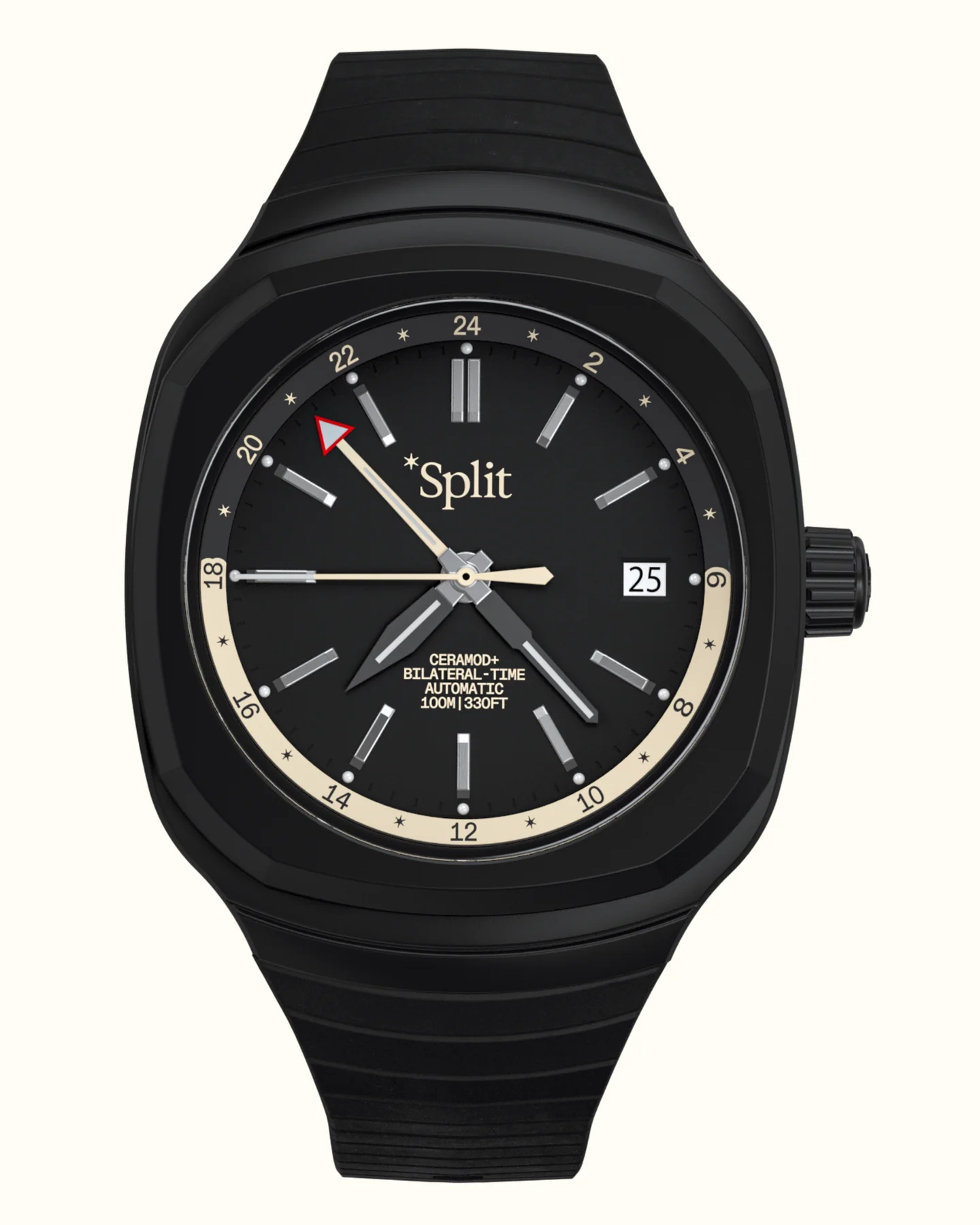 Black Split GMT watch. Angular black case, dial with gold 