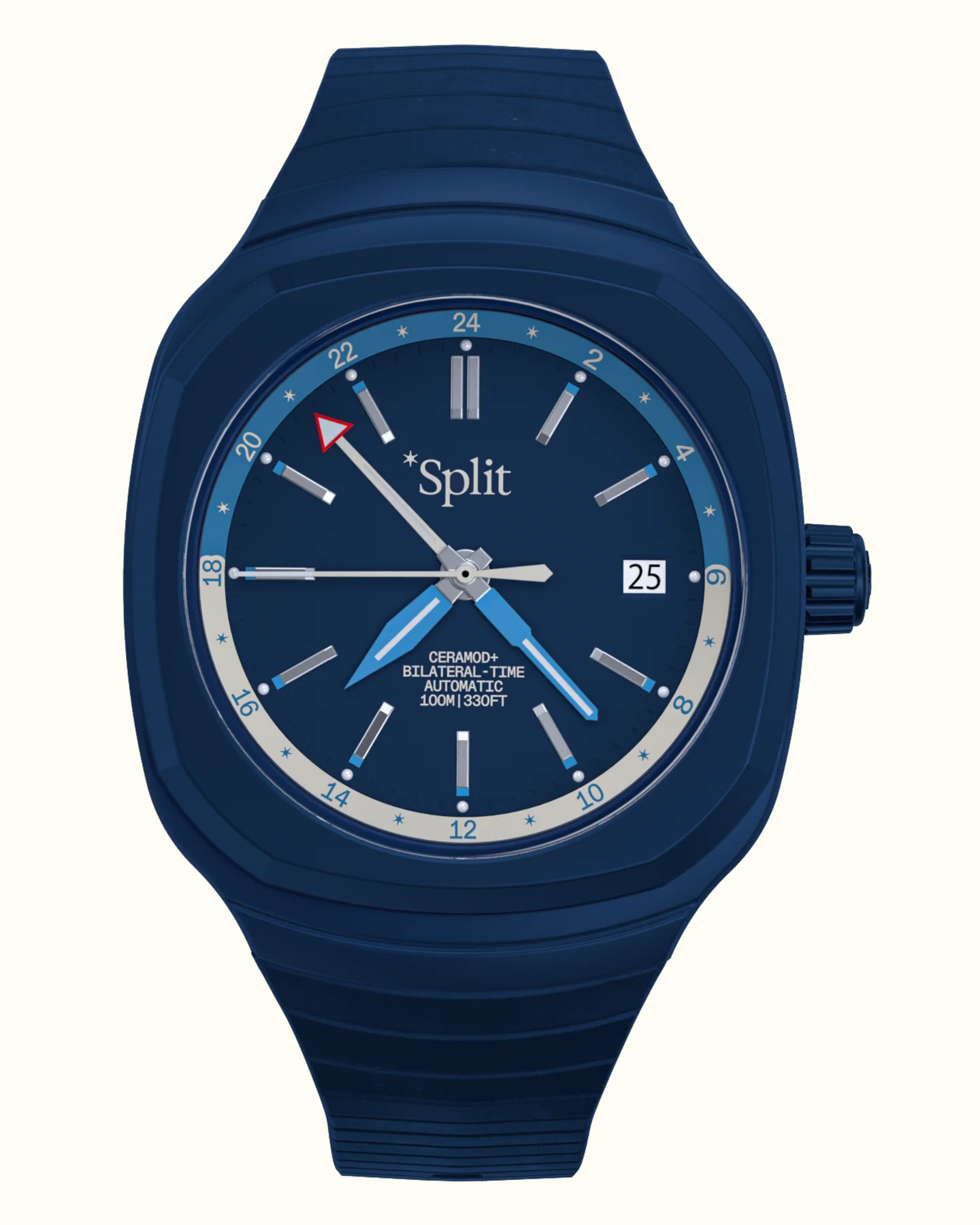 Dark blue Split GMT watch on white. Blue dial, silver markers, red arrow hand, date 25, white/blue 24hr ring, fluted crown.