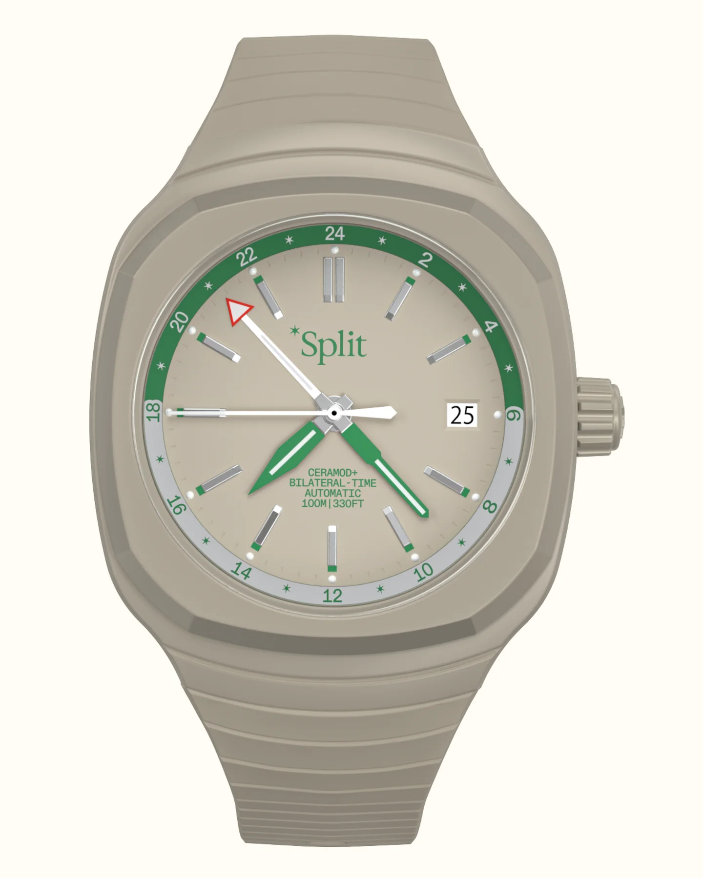 Angular beige Split GMT watch with integrated strap, green accents, 24-hour track, date 25. White background.