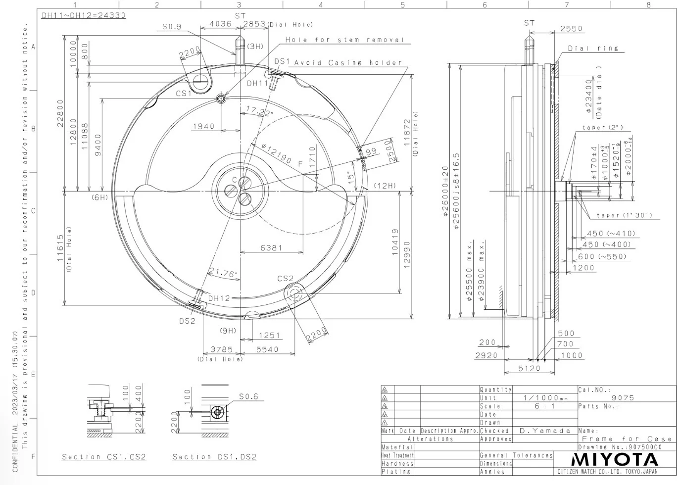 Technical drawing of a Miyota watch case, showing top-down, side-profile, and cross-section views with dimensions.