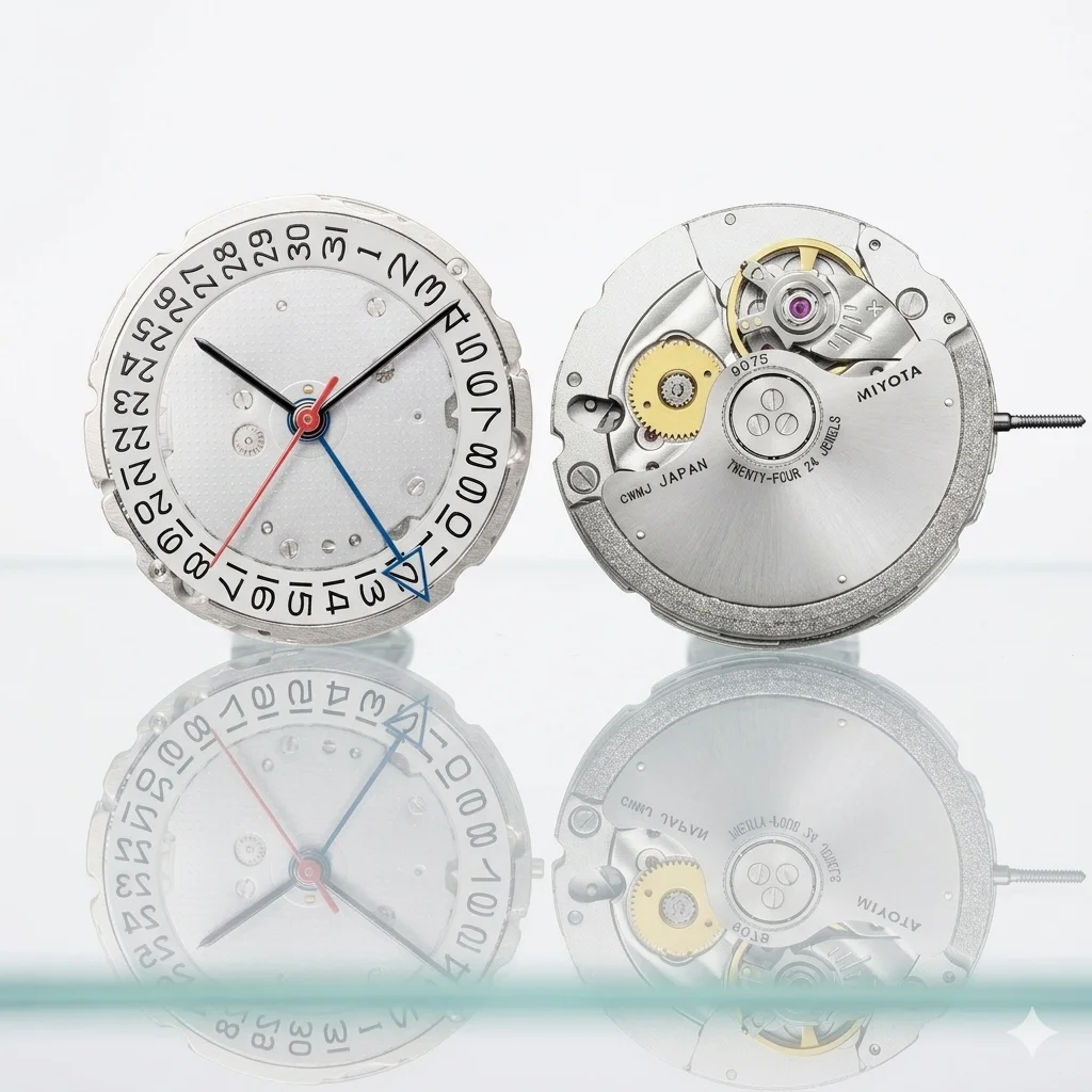 Two watch movements reflected on glass. Left: date wheel, black/red/blue hands. Right: Miyota 9075 caliber, visible gears, balance.