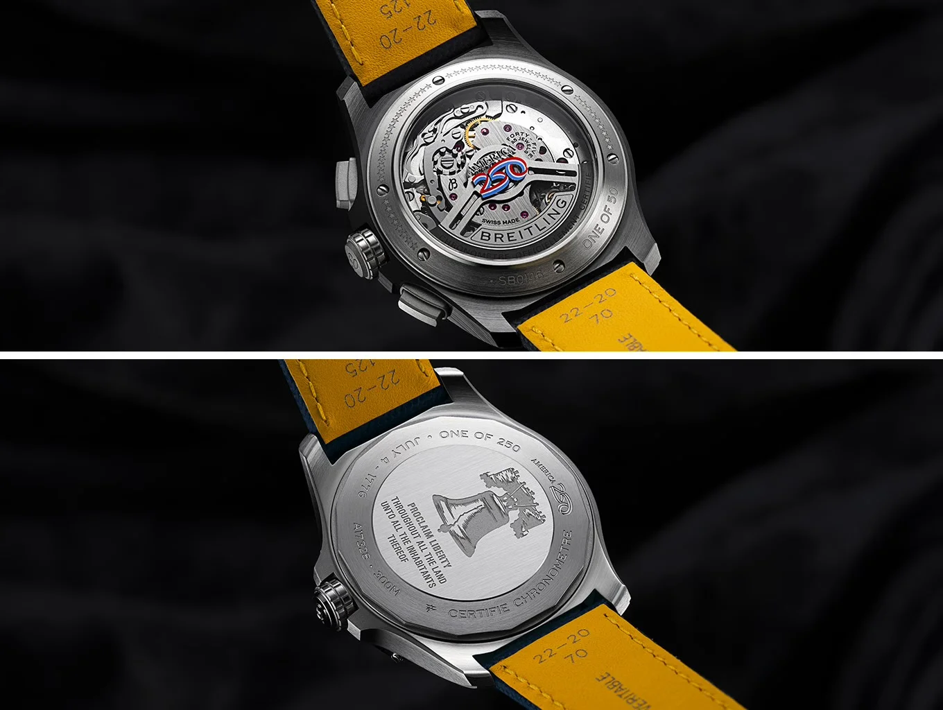 Two Breitling watches, yellow straps. Top: Display caseback, visible movement. Bottom: Engraved Liberty Bell caseback with 1776 text. Dark background.