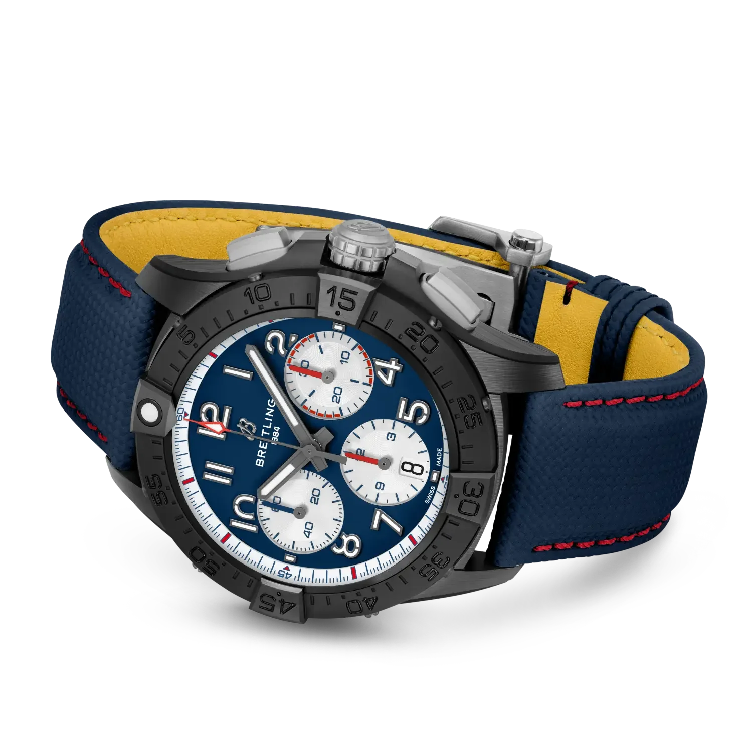 Breitling Chronograph. Blue dial, white sub-dials, black case, blue textile strap with red stitching and yellow lining.