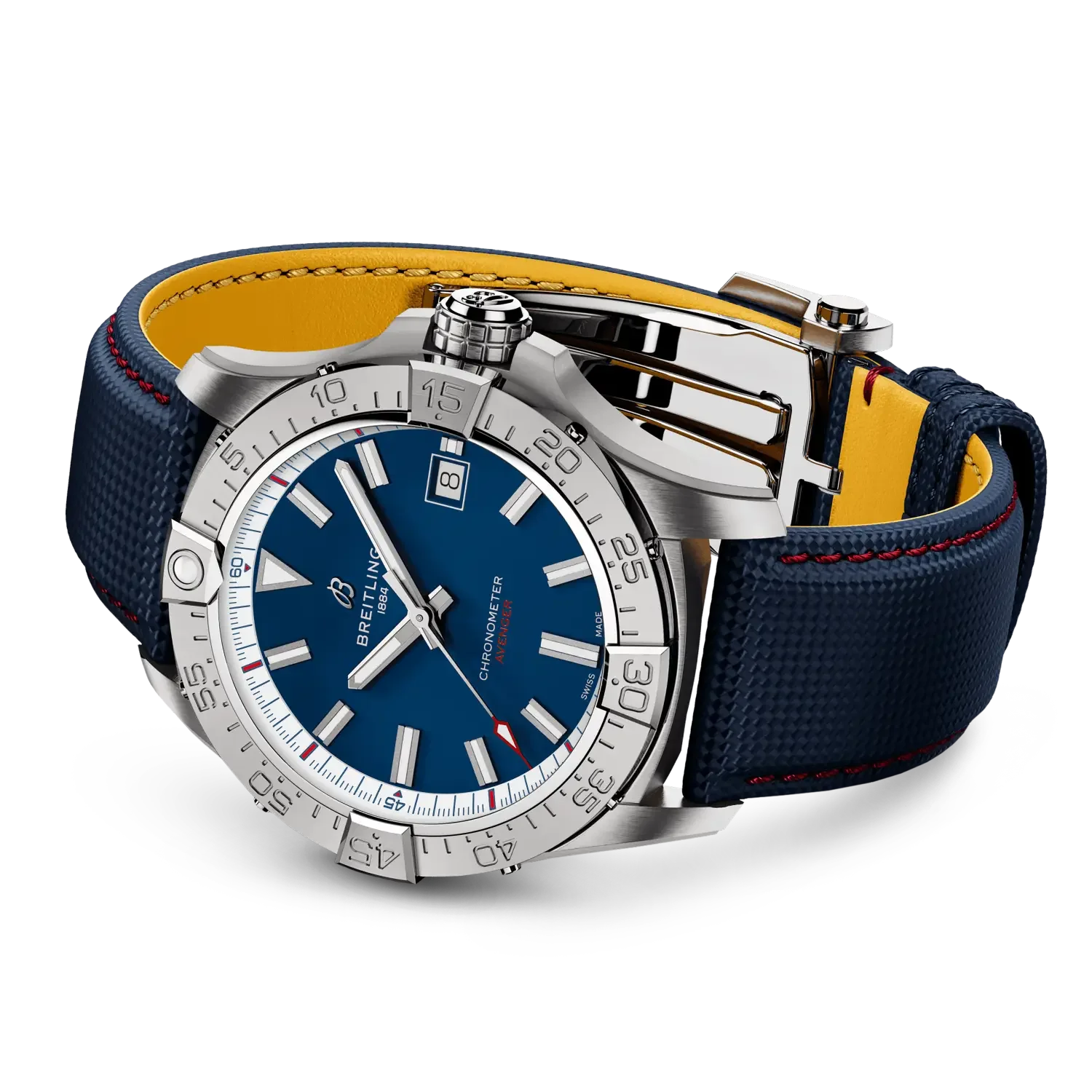Breitling Avenger Chronometer with blue dial, steel case, blue textured strap with red stitching and yellow lining.
